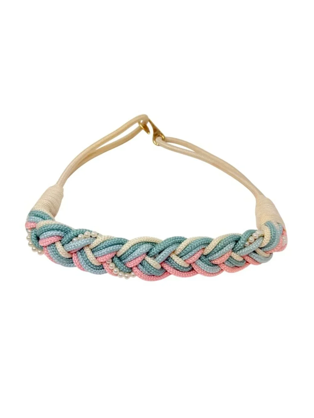 Vintage Pastel Braided Stretch Belt Cream Beaded Pearl Nylon Womens 1980s‎